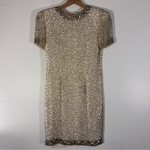 A.J. Bari Cream Silk and Gold Beading Mini Dress